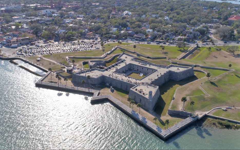 The fortress of San Marco, built of native Florida coquina stone, withstood a month-long barrage of cannon fire in 1740. Completed in 1695, It is the oldest intact large-scale stone structure in America.