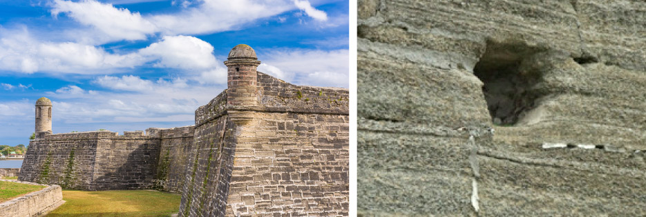 The fortress of San Marcos is a hollow square with four diamond-shaped bastions, built of native Florida coquina stone over a period of 23 years. It is the oldest masonry stone fortification in America.