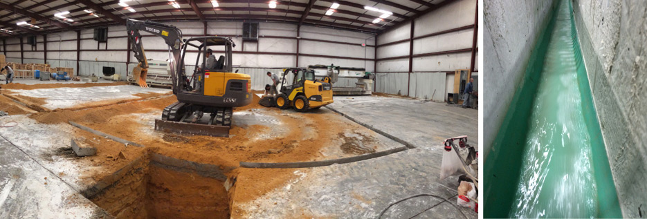 Rockcrete USA knows exactly what needs to be done to build a water management and trench drain infrastructure for OSHA compliance, and to keep your workforce safe. Below, Right: Rockcrete USA's patented Mega-Max®  trench easily installs to upgrade any fab shop.