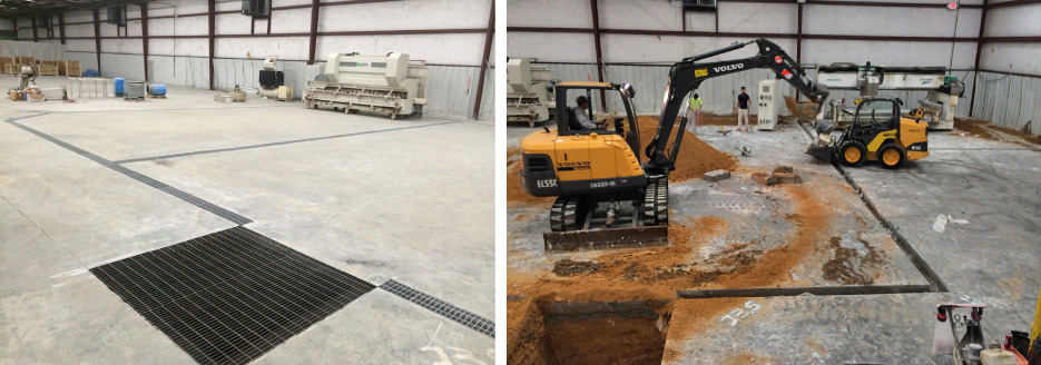 Above and Right: In progress and completed trench and pit drain system, ready to bring the complete shop back online.