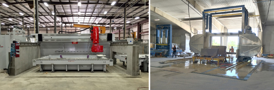 Above, Left: Mega-Max  trench  and bridge saw walls for a large  stone fab shop. Liebenberg: “When the recession hit us, the idea was to come up with more effective ways to get the same quality, because money wasn’t plentiful in those days. This is when we came up with the Mega Max® Insta-Pour.” this innovation plays a big role in completing installations quickly.   Above, Right: Mega-Max trench drain system for a quarry wire block saw makes for a safer sawing operation.