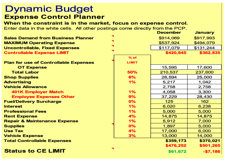 The Dynamic Budget/Expense Control Planner gives you a line-item financial status of the business system, and  indicates decisions needed to maximize financial profits.