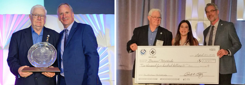  Above, left: Tom Ade, left, receiving the Joe A. Tarver Award from NTCA’s executive director, Bart Bettiga in 2019. The Tom Ade Scholarship Fund will help support the association’s ceramic tile scholarship program moving forward. 	Above, right: Tom Ade helps NTCA present the scholarship award named after him to recipient Brianne Martinho in 2016. Ade has given or pledged more than $300,000 to NTCA to use for scholarships over the years.