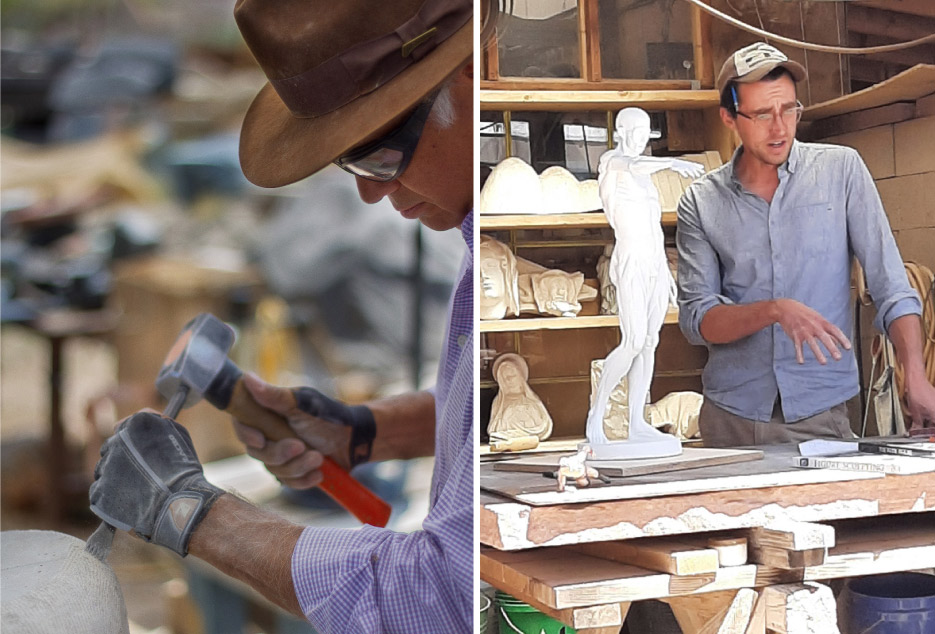 left: Returning student Ray Alvarado has attended the symposium for the past 6-7 years.      right: Staff instructor Schuyler Blanchard discusses traditional figure carving.