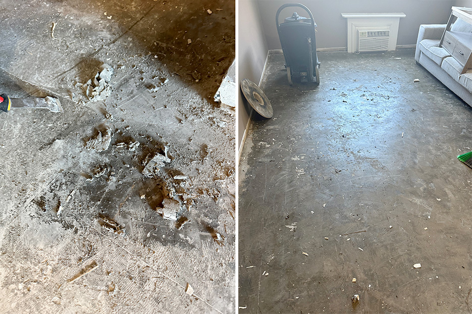 Left: Getting down to the concrete involved lots of scraping with razor blades. Just look at this mess!   Right: Underneath a layer of vinyl plank flooring, the concrete floor was overlaid with multiple layers of different adhesives.