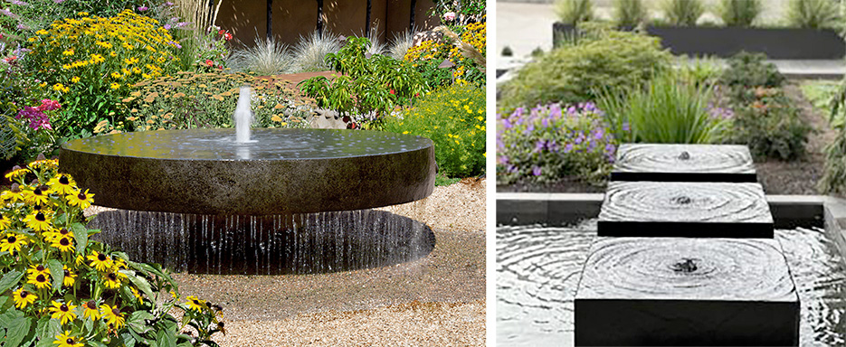 Two Stone Forest fountains: Left – A Granite millstone, polished and repurposed.     Photo by Ali Bryn  Right: A custom triple cube fountain.     Photo by Karen Hardy