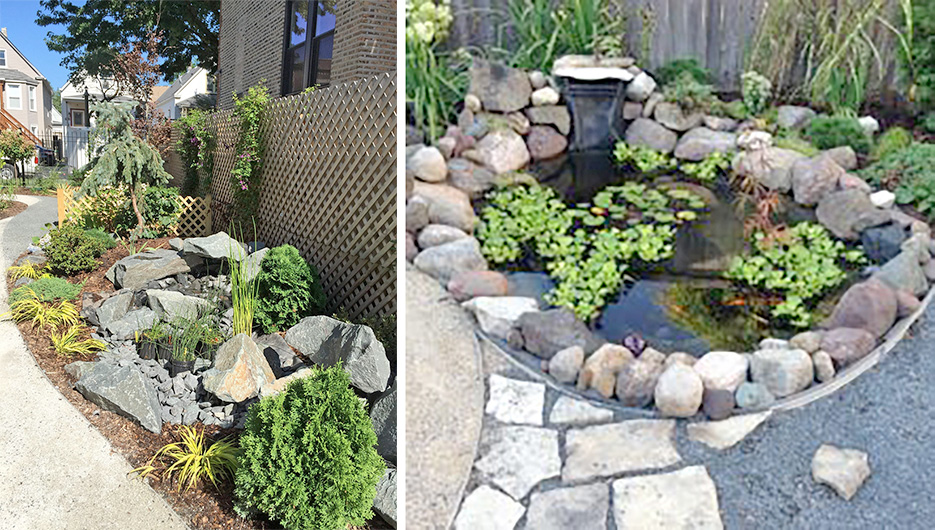 Incorporating plants and landscape design in a water feature works with both rough (unpolished) and natural-looking river rocks and boulders. 