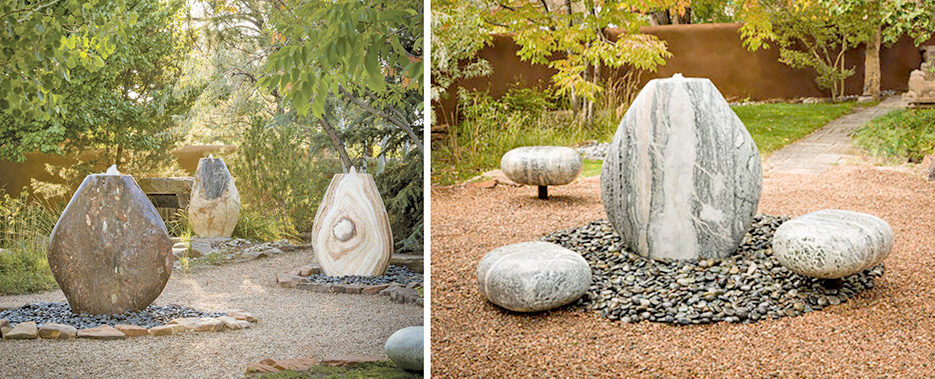 Japanese rock garden-inspired fountains installed on a pebble base, created by Stone Forest.  Left: Onyx & Jurassic stones. Right: Green marble seats surround a central monolithic fountain boulder.