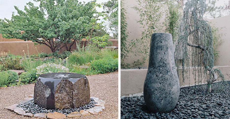 Left: A custom, carved  granite boulder fountain, by Stone Forest.  Right: A vase-shaped vessel fountain with a carved and etched bamboo pattern, by Stone Forest.