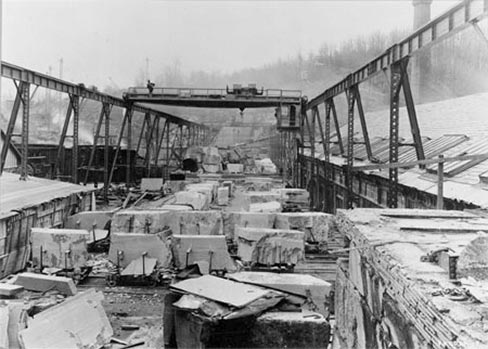 Gantry Crane outside the Schuyler,VA plant. The roof of the stone processing plant – still in use today – is just visible to the right side of this photo from 1950.