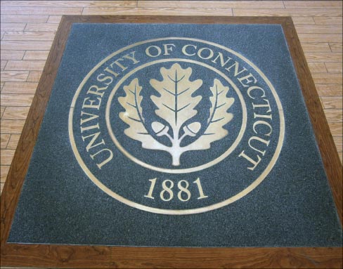 Custom school logo flooring serves a dual purpose: it provides a practical, totally cleanable and durable flooring surface, and adds a permanent rallying symbol. Students are constantly, but subtly, reminded to take pride in their school’s heritage and history.