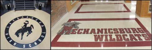 Custom logo art can be created in most hard surfaces to match the surrounding flooring, or in the case of middle and high school emblems, to meet a range of school budgets. The more colorful renditions can incorporate a variety of durable, hard materials including stone, tile, metal, glass, concrete or terrazzo.