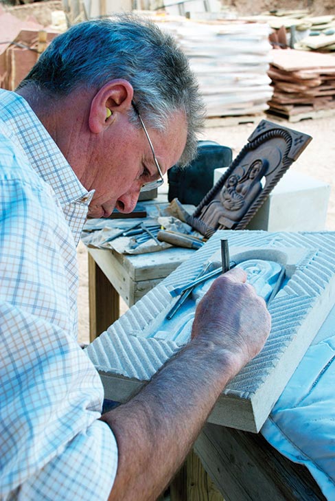 Patrick Halloran (Halloran Masonry in Athens, Georgia) working on some finishing details of his relief icon project in 2012.