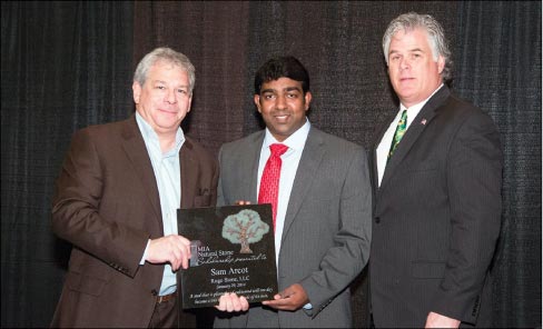 (L to R) Jonathan Zanger, MIA 2013 President; Sam Arcot, Rugo Stone; Dan Rae, Coldspring, sponsor of the Natural Stone Scholarship Award-LO.