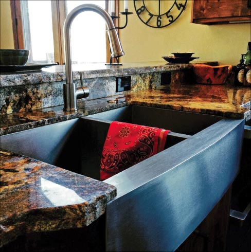 2cm Golden Crystal Granite counters with a chiseled edge and a stainless steel farm sink. 