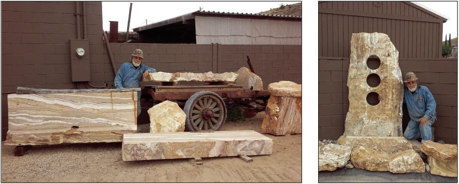 Slabs (below) and boulders of onyx from the Mayer quarry. “We never stop moving,” said Pete. “I’ll look at a rock and see a table. I’ll even keep the ends and make abstracts. Nothing gets wasted.”