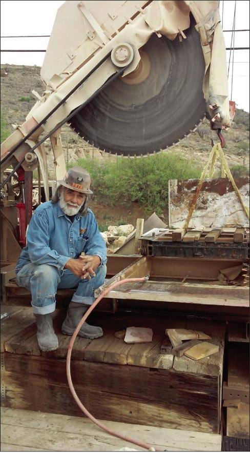 “My 5-foot saw is powered by an old UPS truck with a Chevy engine,” explained Pete. “To this day, everybody gets a kick out of it.” The material at his feet is local Mayer onyx.