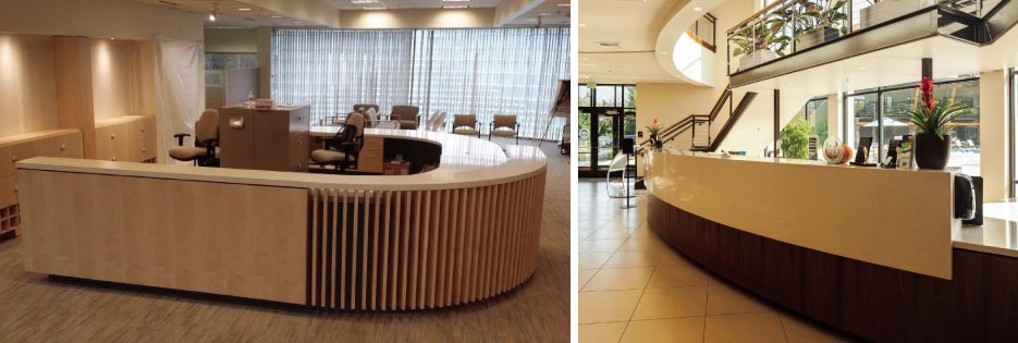 Above, left: Reception Desk for AAA Club headquarters in Beaverton, Oregon: Pental quartz in Oyster. Above, right: Reception desk at the Stafford Hills Club in Tualatin, Oregon. This gracefully curving seamless surface is fabricated from several slabs of Daltile One Woven Wool quartz.