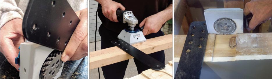 Above Left: Operation is simple, as shown below: adjusting the depth of the Brace Setter to the thickness of the I-Brace for setting up a perfect cut.  Above, Center and Right: The Brace Setter cuts effortlessly through knot holes and even nails, which are commonly encountered when renovating  kitchens where framing is already in place.