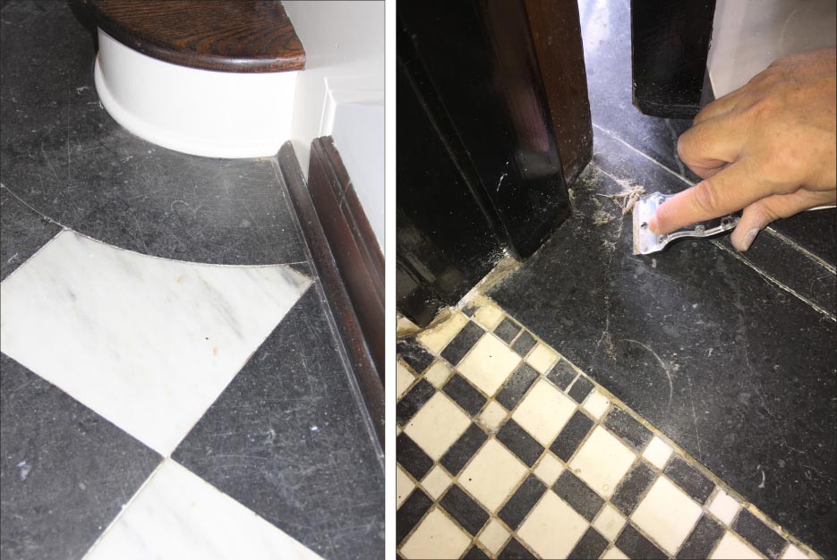 Above Left: Working around black marble edging is very challenging, and most always means there will be complications. Above Right: Removing decades of layers of wax buildup meant resorting to razorblades and handtools, very time-consuming but sure-fire methods.