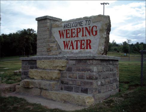 Weeping Water town sign, designed and built by Stander using the local limestone that made Weeping Water famous. 