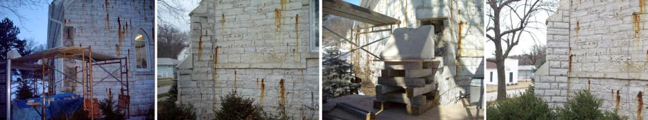 Disassembly before restoration of the Weeping Water school building, built in the19th Century. The red spots or iron oxide stains are part of the characteristics of old Weeping Water stone installations. 