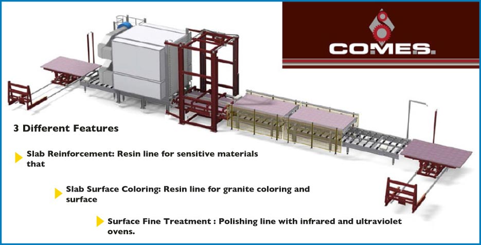 Wilson offers the COMES production line machinery to process slabs for distribution within the stone industry, including surface polishing, coloring (if desired) and slab reinforcement for exotic stones.