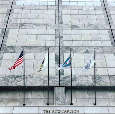 This image highlights the pattern of the exterior marble cladding — a darker Pearl Grey border frames the lighter, more subtle White Cherokee. Both American marbles are still quarried in Tate, Georgia.