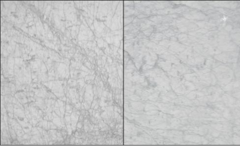 Honed Carrara; Right: Polished Carrara marble.