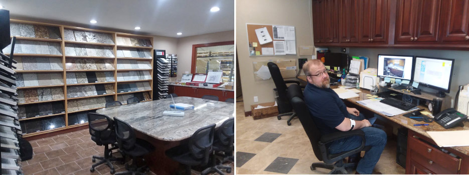 Above, left: A neat customer/builder consultation area with plenty of samples shows that customer service is a priority for your company. Above, right: Solid Surface Designs has a retail project manager available during business hours. The ability to handle “walk-ins” is an important key to achieving high customer satisfaction.