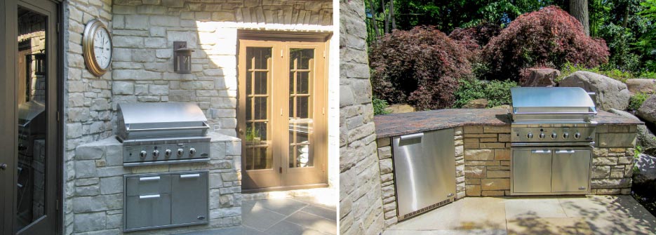 Above, left: The matching fieldstone wrap for this built-in grill and refrigerator makes this outdoor kitchen an extension of the house and creates a unified space.