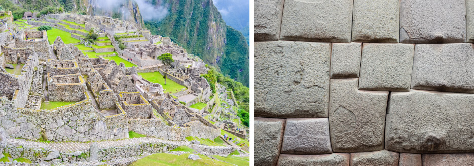 One of the “New  Seven Wonders of the World,” Machu Picchu, located high in the Andes Mountains of Peru, was built with a mixture of ashlar and pillow-faced stone construction – all without using mortar. The stones — some of them weighing tons — are fitted together with much care and effort to build a very important site to this advanced culture. 