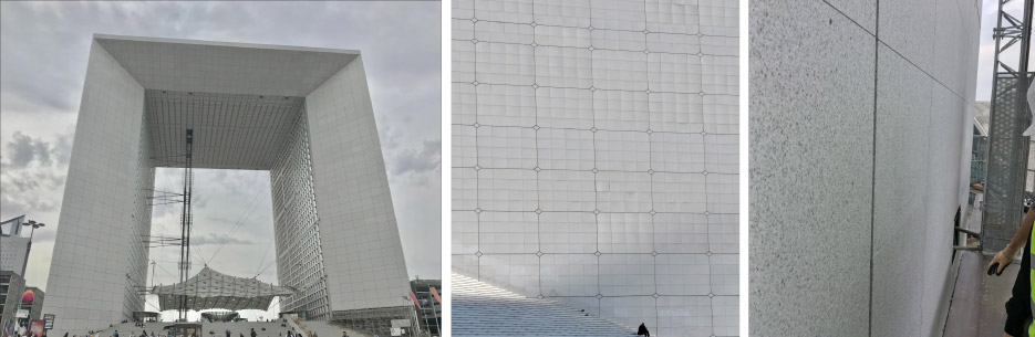 The stairs at the foot of the arch have become a popular place for office workers to sit and eat their lunch while overlooking Paris. Above, middle: Only a few years after the Grande Arche de la Défense was built, the white Italian Carrara marble on its facade began to deteriorate. Above, right: A close-up view of Bethel White granite shows how the pinhead taupe grains are slightly visible but from a distance visual blending registers the surface as a pure white.