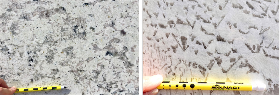 A typical white granite contains crystals of different colors. Above, right: Even an all-white granite still contains various blocky shapes and shades of white. This granite contains mostly feldspar with smaller, v-shaped quartz crystals. Geologists call this “graphic granite” because it looks like a stone tablet of cuneiform writing.