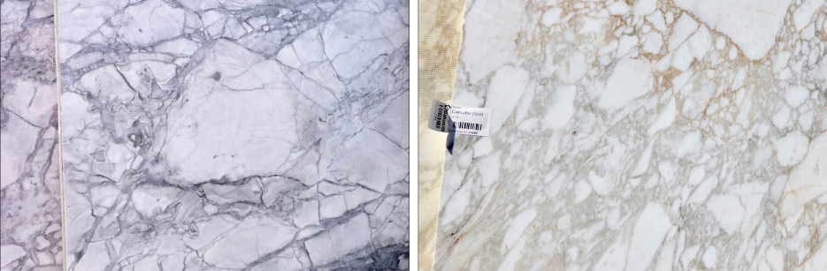 Super White and Calacatta Gold are examples of marble breccia. The stone was fractured into pieces and then the fractures were filled in with minerals to create a strong, solid rock. Both the fracturing and the re-cementing happened deep underground, under tremendous pressure. The chunks of marble make the rock look coarse-grained, like granite. But it’s actually fragments of fine-grained stone. It can be hard to tell the difference.