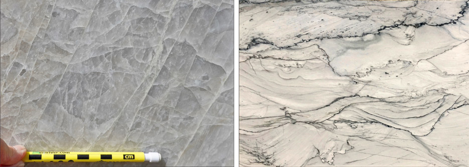 Above, left: Most marbles and quartzites are fine grained, but a few have larger crystals, such as this slab of Allure quartzite. Note how all the crystals are the same color, which is not the case with white granites. Above, right: The pattern of swooping cross-bedding is unique to quartzite and sandstone. Cross beds can be caused by wind (sand dunes) or water (ripple marks). In this photo of Infinity White quartzite, small stream channels were flowing toward the viewer, and laying down layers (beds) of fine-grained deposits.