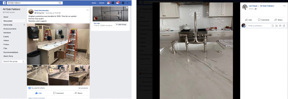 Above, Left: All Slab Fabbers group members also post in-progress updates, photos and videos on notable projects from their shops.   Above, Right: This recent poster asked for help identifying a mystery problem with a dark, spreading stain on marble. The most likely culprit? Stain is coming from underneath, due to oils leaching from plumber’s putty. The faucet was installed by a third-party plumber.