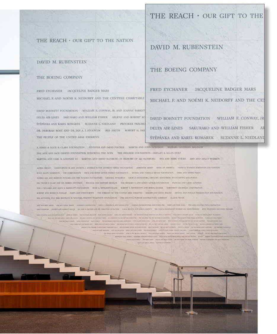 Architectural Carving/Lettering/Sculpture John F. Kennedy Center, The REACH Donor Wall 