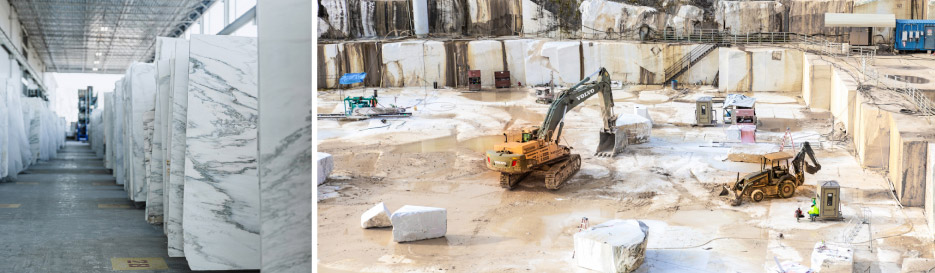 Processed slabs of Alabama White, a fine-grained marble with dramatic mica swirls that rivals Cararra in quality – at “domestic” prices.