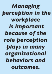 Managing  perception in the workplace  is important because of the role perception plays in many organizational behaviors and outcomes.