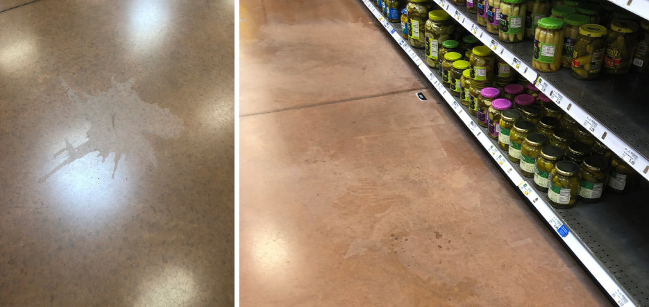 Above, left: Etched polished concrete where the Guard product was worn away by foot traffic, exposing the unprotected surface.     Above, right: Polished concrete where the Guard product has been degraded and the surface is under continual attack by acidic spills (like vinegar from pickle jars!).