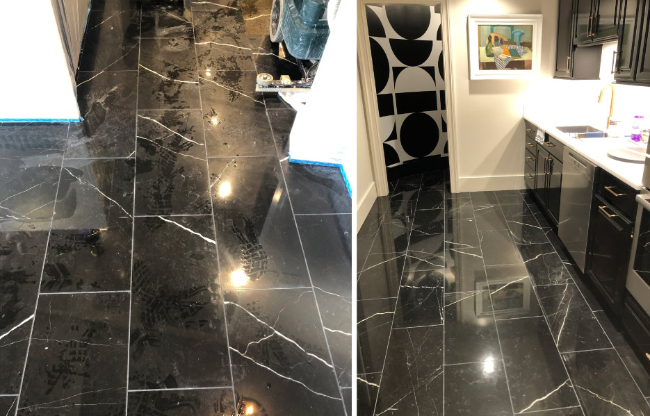 Above, left: Excess material left by installers on black marble. They were unable to successfully remove.     Above, right: A restoration contractor was hired to remove and re-polish the black marble floor. They used Majestic 5X.