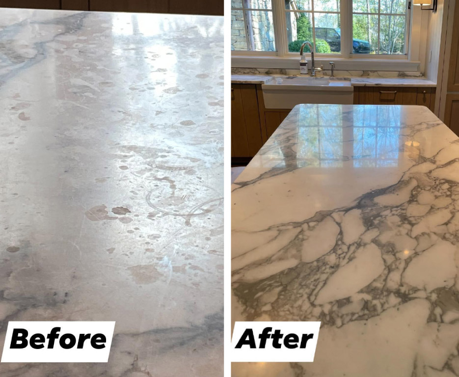  Above, left: Honed marble severely etched by acidic spills over time.     Above, right: Honed marble after restoration by a qualified R&M contractor.  