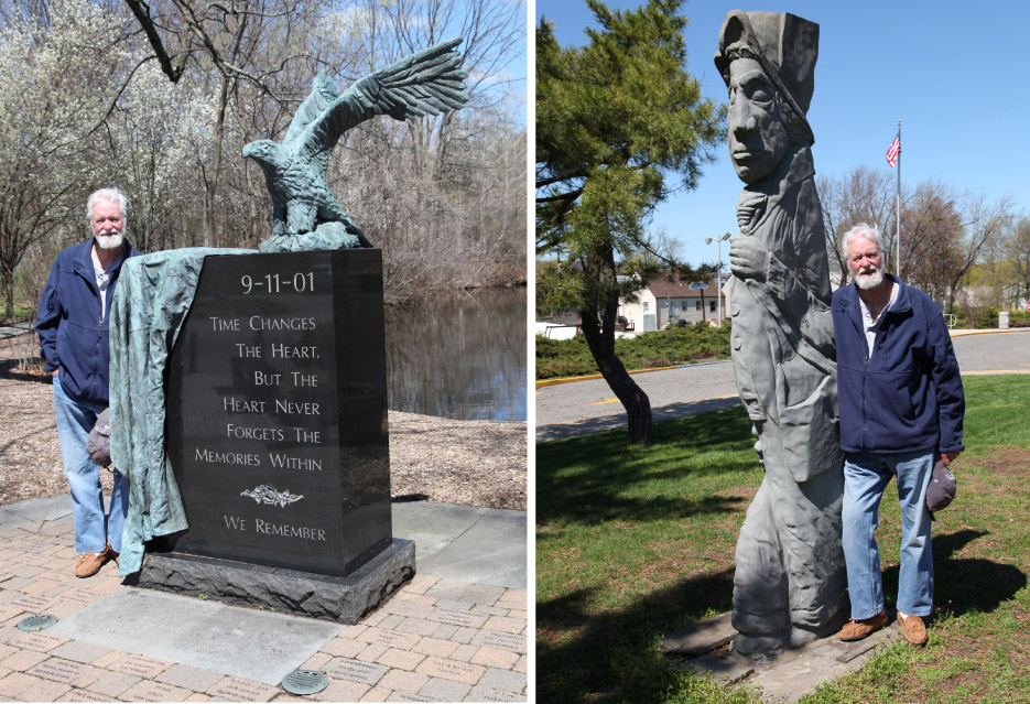 Above, left: The Eagle Alights 9/11 monument features a bronze eagle and draped flag on a South African Black granite stone. Bertelli created the eagle and the flag, which were then cast in bronze. Eagle Alights is installed in a memorial park in Allendale, New Jersey. “As the Phoenix, beginning to rise again…”  Above, right: Passin’ By — This 12-foot block of difficult-to-carve Bluestone was installed at the Clifton H.S. campus. It was planted 2 feet down in a concrete base, before Bertelli even began carving. Little by little, it was carved over a period of 18 month. Passin’ By depicts a hobo wandering by the high school and wondering, “What’s going on in there?”