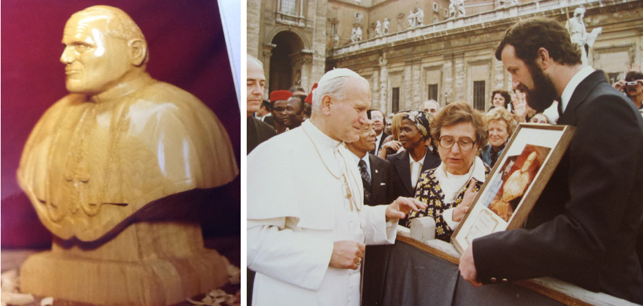 Bertelli meets Pope John Paul II in Vatican Square in 1980 to present his bust of the Pontiff. The sculpture is on permanent display at Boystown of Italy, in Tuscany.