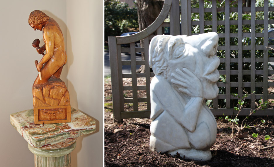 Above, Left: Gotta Get Outta Here — 22-inch poplar. Bertelli used poplar in his early carving experiments, including the Pope John Paul II sculpture.  Above, right: Snubby. Bertelli carved this rectangular block of marble starting at the top edge and working his way down.