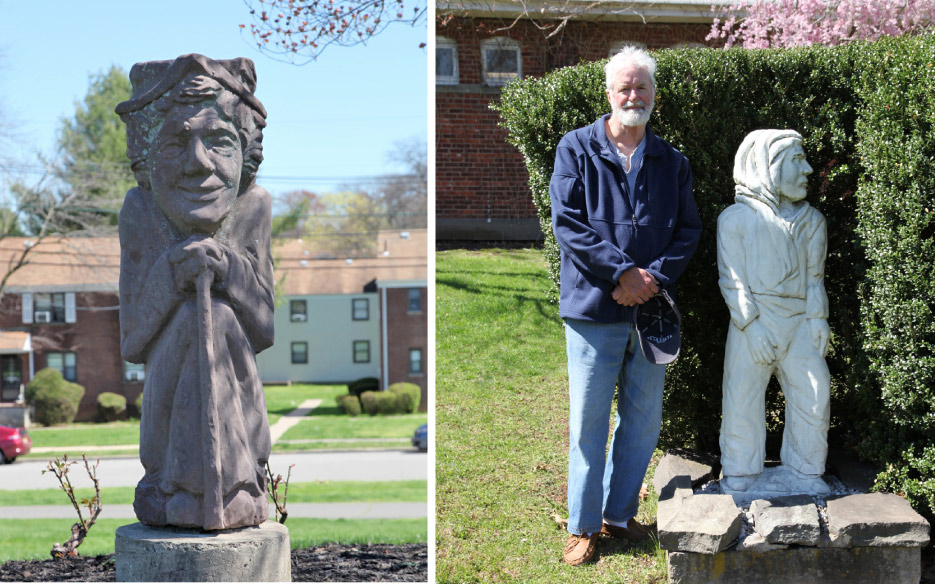  Above, left: King George. Carved from a 4-foot long brownstone block, using the edge as the front. The king “holds court” in Clifton, New Jersey. Bertelli sourced and repurposed the brownstone from an old, demolished school in Pennsylvania.  Above, right: The Seeker. Carved from a 4-foot marble block, Bertelli provides scale next to the statue. He sources many of his stones from Mohawk Materials in Sloatsburg, New York. 