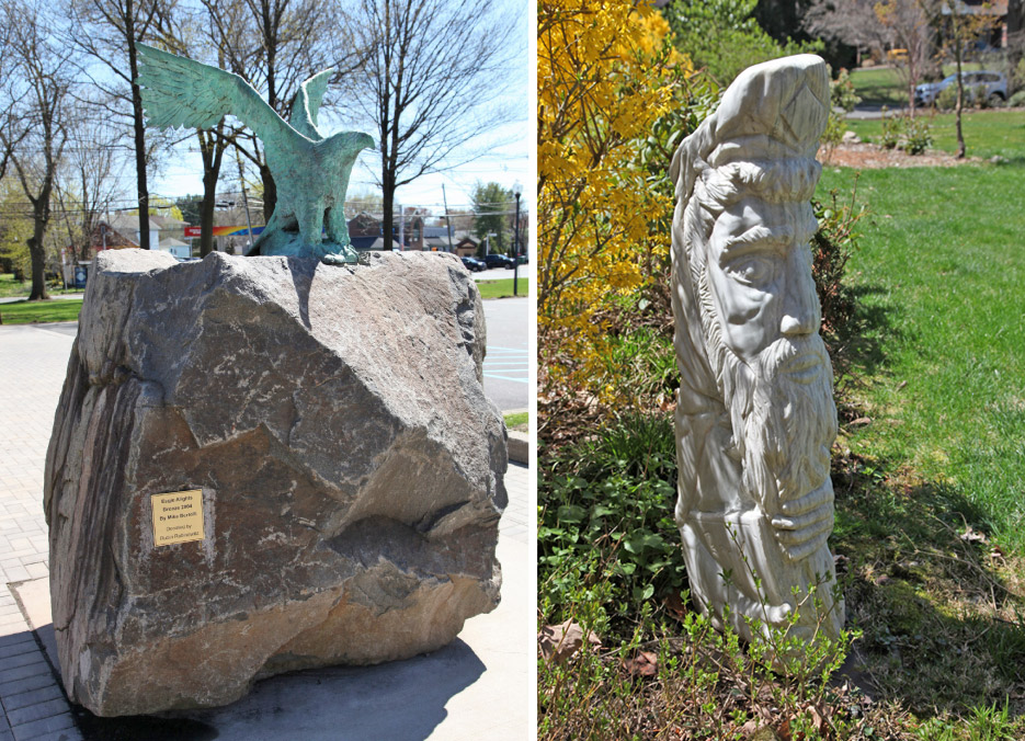 Above, left: Eagle Alights 2 is a second casting of Bertelli’s original Eagle Alights sculpture. The monument is proudly displayed at the municipal complex in Clifton.  Above, right: The Sage. Bertelli carved this 4-foot marble “wise man” with a book in one hand and his beard in the other.