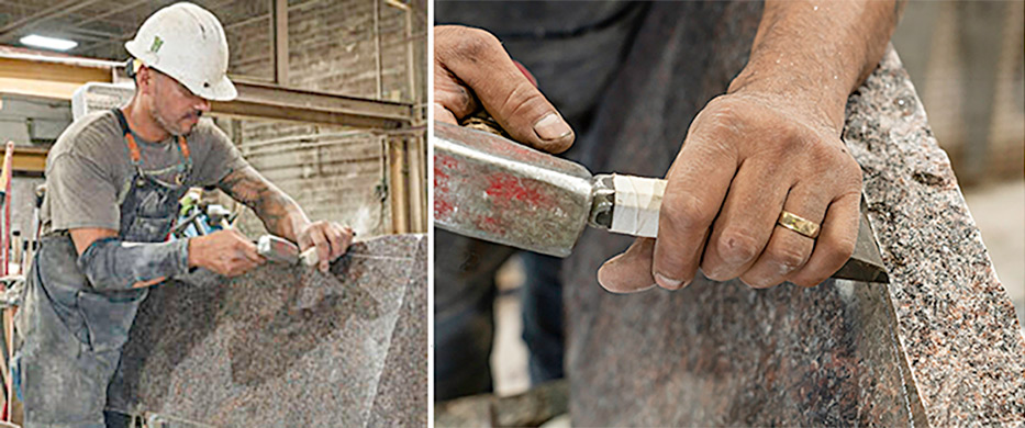 Hand-finishing a chiseled monument edge.