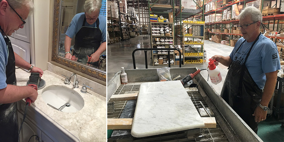  left: Adding finishing touches on a marble vanity using an older Flex 302.     Right: Here I’m using a small pump-up sprayer as the water source for refinishing an antique marble vanity top. 